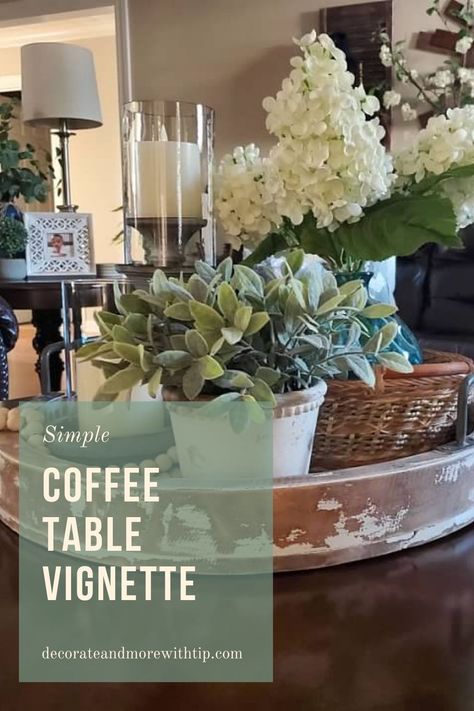 Style An End Table Living Room, Coffee Table Vignettes Tray Styling, Table Top Decor Living Room, Decorating A Tray On Coffee Table, Cottage Coffee Table Decor, Coffee Table Vinyettes, Styling Trays Coffee Tables, Styling A Coffee Table Tray, Rectangular Tray Decor Ideas