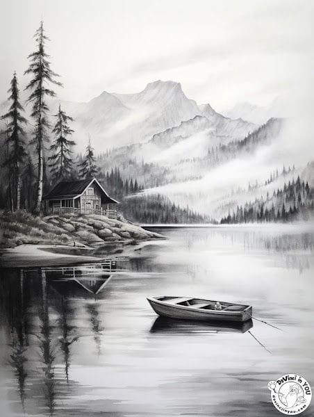 Scenery Sketch Landscapes, Landscape Sketch Nature, Landscape Drawings Pencil, Landscape Sketch Pencil, Pencil Shading Scenery, Nature Sketches Pencil, Pencil Landscape, Pencil Sketches Landscape, Boat On Lake