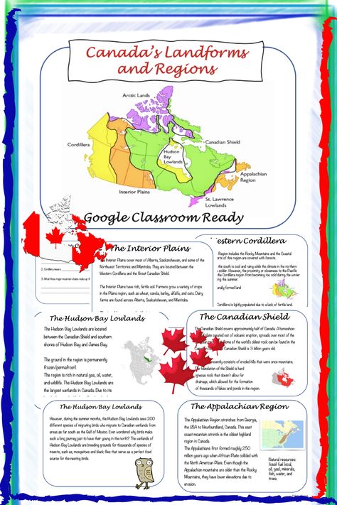 Canadian Land-forms and Regions Social Studies and Science lesson plan is perfect fore taching about Western Cordillera, Interior Plains, Canadian Shield, Appalachians, Hudson Bay Lowlands – Arctic, Great Lakes – St. Lawrence Lowlands and Innuitian Mountains. Canadian Social Studies, Canadian Shield, Social Studies Lesson Plans, Map Activities, Science Lesson, Social Studies Elementary, Elementary School Classroom, Science Lesson Plans, Social Studies Resources