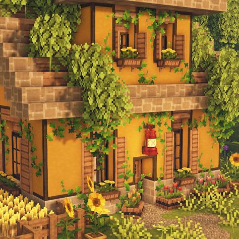 Terracotta Minecraft House, Yellow Minecraft House, Terracotta House Minecraft, Minecraft Terracotta House, Tiny House Minecraft, Minecraft Terracotta, Terracotta House, Cute Minecraft, Minecraft House Ideas