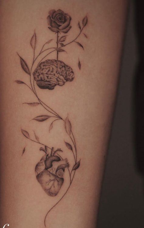 Brain And Heart Tattoo, Heart And Brain Tattoo, Psychology Tattoo, Mosaic Tattoo, Anatomy Tattoo, Brain Tattoo, Tiny Wrist Tattoos, Magic Runes, Petit Tattoo