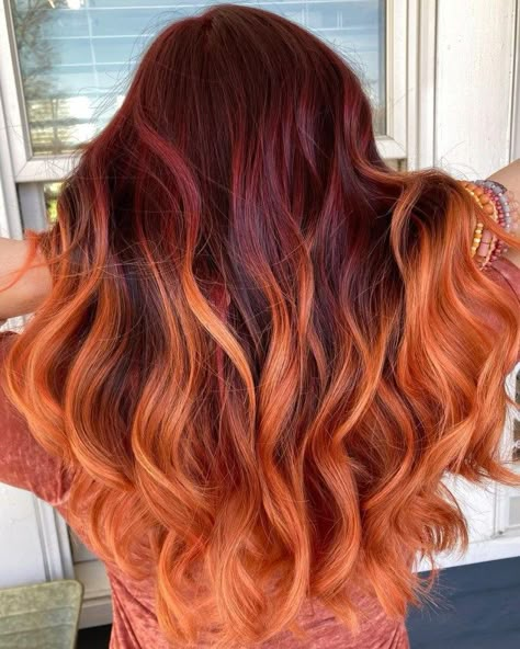 Tangerine Hair with Burgundy Roots Fall Season Hair Color, Orange Roots Red Hair, Dimensional Dark Red Hair, Pumpkin Spice Ombre Hair, Dark Red Hair With Orange Highlights, Copper Hair With Dark Roots Red Ombre, Burgundy And Copper Hair, Burgundy And Orange Hair, Red Blonde Balayage Ombre