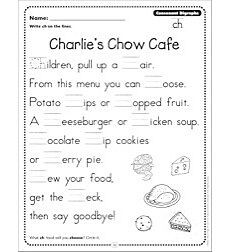 Charlie's Chow Cafe (Consonant Digraphs - ch): Phonics Poetry Page Ch Phonics, Ch Words, Ch Sound, Digraphs Worksheets, Digraphs Activities, Consonant Digraphs, First Grade Phonics, Kindergarten Reading Worksheets, Phonics Rules