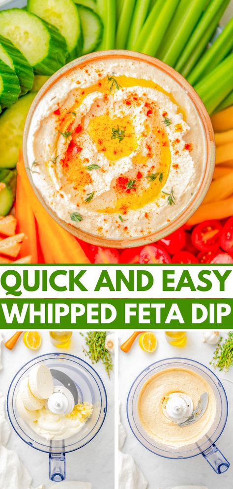 Whipped Feta Dip - Ready in just 5 minutes and made with feta cheese, Greek yogurt, lemon, garlic, olive oil, and a variety of spices, this creamy and EASY dip is a FAVORITE! Just the right amount of tangy-salty-creamy! It's PERFECT for holiday or casual entertaining, game day parties, or summertime backyard get-togethers and everyone will want the recipe!'s PERFECT for holiday or casual entertaining, game day parties, or summertime backyard get-togethers and everyone will want the recipe! Feta Cheese Dip, Whipped Feta Dip, Easy Dip, Casual Entertaining, Feta Dip, Football Party Food, Easy Dips, Whipped Feta, Garlic Olive Oil