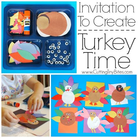 Invitation to Create: Turkey Time. Open ended, creative, quick and easy kids paper Thanksgiving craft. Great for color and shape recognition. Perfect fine motor work for toddlers, preschoolers, and elementary. Invitation To Create, Kids Invitation, Thanksgiving School, November Crafts, Thanksgiving Craft, Turkey Time, Turkey Crafts, 20 November, Thanksgiving Preschool