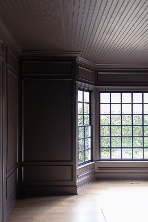 Black Ceiling Brown Walls, Dark Ikea Bedroom, Brown Paint That Looks Like Wood, Brown Wall Room, Dark Paint Bedroom, Black Ensuite, Dark Ceiling Bedroom, Brown Walls Bedroom, Dark Brown Room