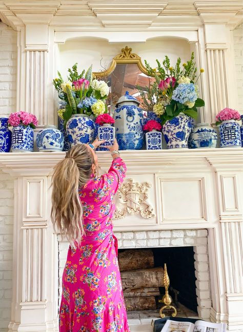 Shop Sue Sartor Flounce™️ and other curated products on LTK, the easiest way to shop everything from your favorite creators. Blue And White Vase With Pink Flowers, Blue White Pink Living Room, Chinoiserie Mantel Decor, Chinoiserie Floral Arrangement, Pink Home Accents, Blue And White Chinoiserie Decor, Chinoiserie Chic Living Room, Chinoiserie Upholstery Fabric, Sue Sartor