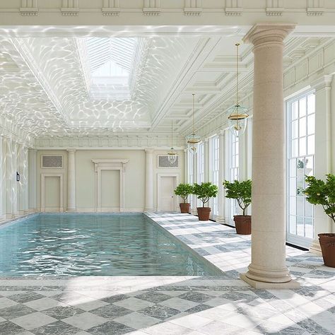 Indoor pool design features classical Venetian Chequer natural stone floors and statuesque columns. Indoor Swimming Pool Design, Indoor Pool Design, Piscina Interior, Indoor Pools, Luxury Swimming Pools, Indoor Swimming Pool, Diy Swimming Pool, Cool Swimming Pools, Luxury Pools