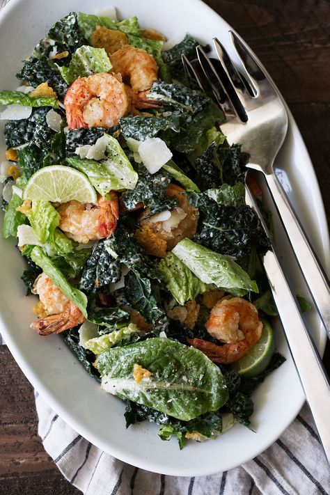 Kale Caesar Salad with Lime & Crispy Shrimp - Cooking with Cocktail Rings Shrimp Kale, Shrimp Cooking, Cooking Venison Steaks, Greek Yogurt Dressing, Salad Kale, Kale Caesar, That Friday Feeling, Kale Caesar Salad, Crispy Shrimp