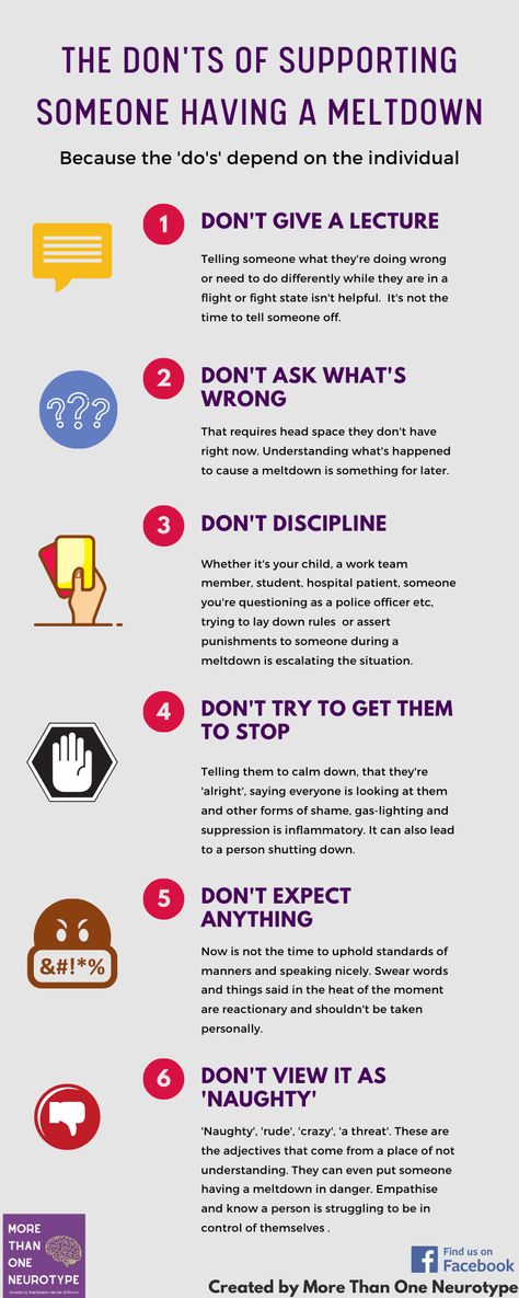 meltdown dont's Therapy Skills, Sensory Disorder, Social Emotional Activities, Family Binder, Sensory Overload, Mental Health And Wellbeing, Emotional Regulation, Mental And Emotional Health, Social Emotional Learning