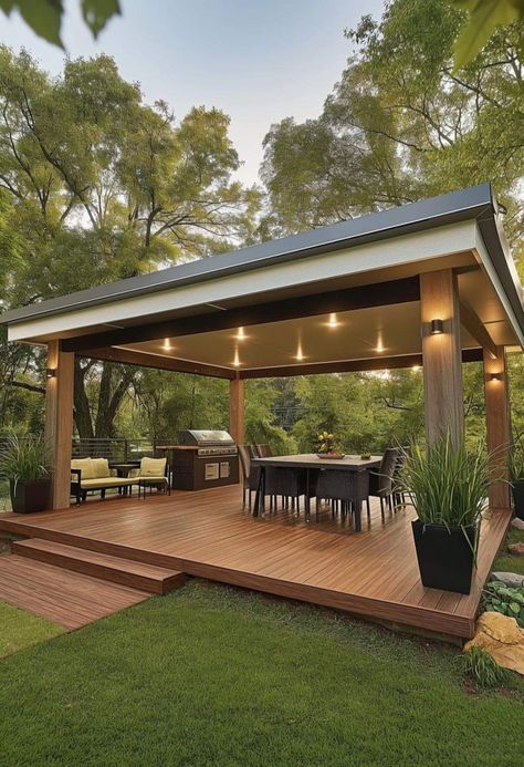 Modern Gardening, Garden Decking, Decking Ideas, Cozy Garden, Floating Deck, Outdoor Sanctuary, Backyard Gazebo, Deck Designs Backyard, Backyard Pavilion