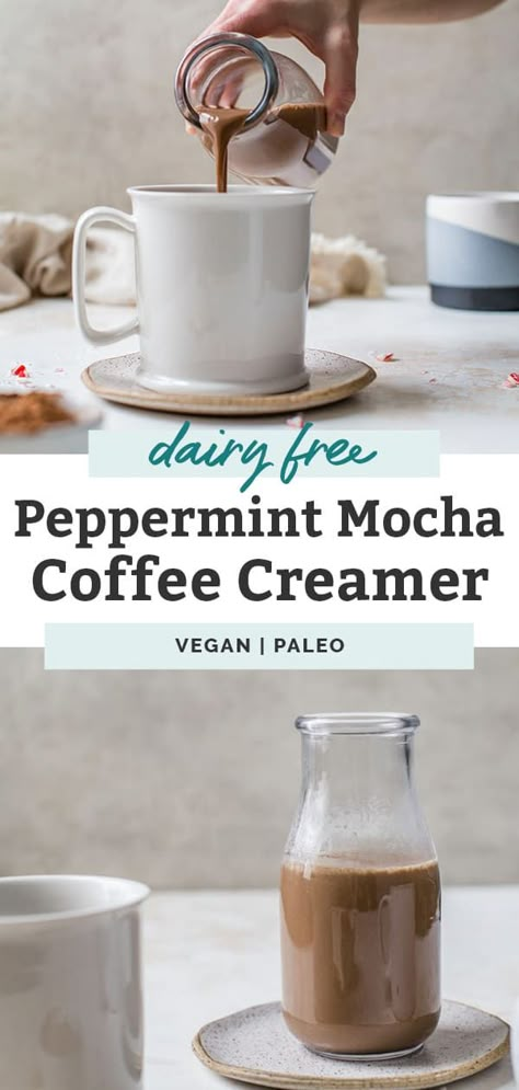 This quick, easy homemade Dairy-Free Peppermint Mocha Coffee Creamer recipe is the perfect healthy way to dress up your coffee this holiday season or enjoy all winter long. Vegan, paleo friendly and delicious! Mocha Coffee Creamer Recipe, Mocha Creamer Recipe, Peppermint Mocha Coffee Creamer, Peppermint Mocha Coffee, Homemade Peppermint Mocha, Peppermint Mocha Creamer, Mocha Creamer, Dairy Free Creamer, Peppermint Coffee