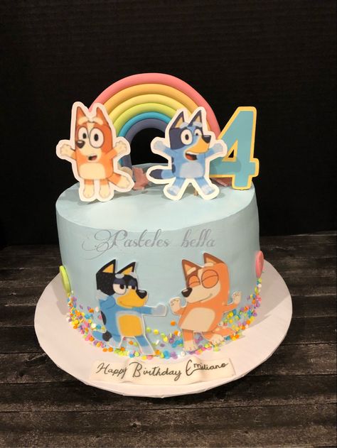 Bluey Cake Ideas Two Tier, Bluey Girls Birthday Cake, Bluey Cake Ombre, Bluey Bingo Smash Cake, Bluey Birthday Cake For Twins, Pastel De Bluey, Baby 1st Birthday, Rainbow Cake, 9th Birthday