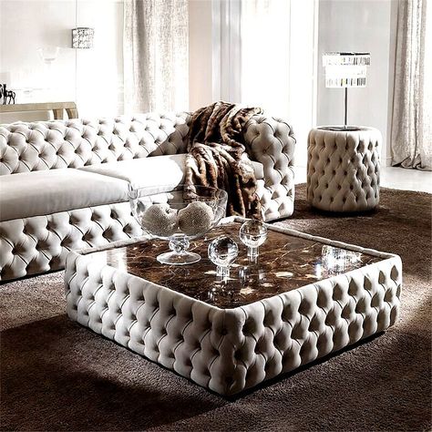 CRYPTOR GLOBAL The Milan - Tufted Nubuck Leather Sofa & Marble Coffee Table Meja Sofa, Upholstered Coffee Tables, Center Table Living Room, Coffee Table Design Modern, White Living Room Decor, Leather Coffee Table, Leather Living Room Furniture, Classy Living Room, Sofa Set Designs