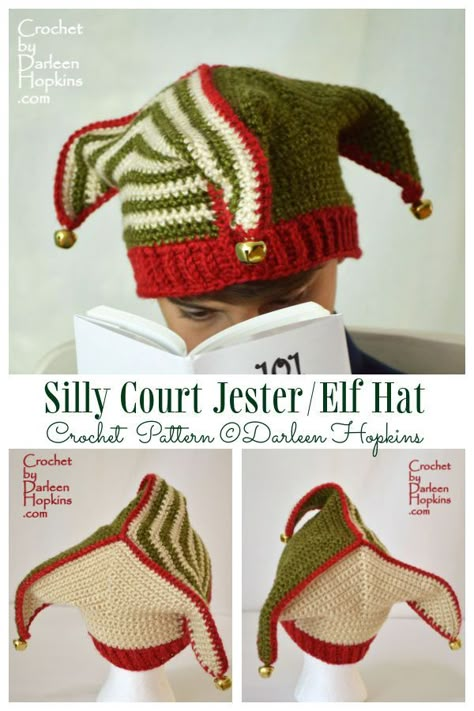 Silly Court Jester / Elf Hat Crochet Patterns Knitted Elf Hat, Cute Hats Crochet, Jester Crochet Hat, Jester Hat Crochet Pattern, Crochet Clown Hat Free Pattern, Jester Hat Sewing Pattern, Knitted Things Ideas, Diy Jester Hat, Silly Crochet Hats