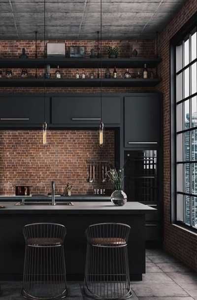 23 Black Kitchen Cabinet Ideas | Sebring Design Build Decor Top Of Kitchen Cabinets, Kitchen With Brick, New Yorker Loft, Industrial Decor Kitchen, Boys Town, Industrial Kitchen Design, Dark Modern, Industrial Style Kitchen, Black Kitchen Cabinets