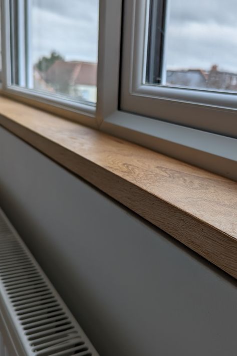 Natural Wood Window Sill, White Oak Window Sill, Shadow Gap Detail, Window Sill Ideas, Oak Window Sill, Deep Window Sill, Wooden Window Sill, Wood Window Sill, Exterior Window Sill