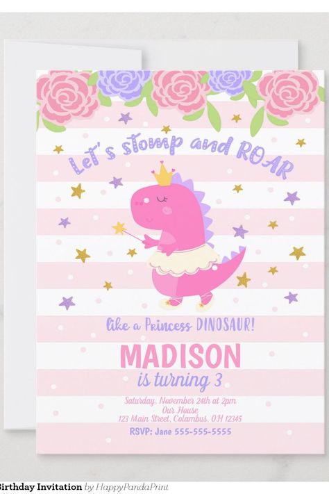 Princess Dinosaur Birthday Invitation Princess Dinosaur, Dinosaur Birthday Invitations, Dinosaur First Birthday, Girl Dinosaur, Dinosaur Birthday, First Birthday, Invitation Zazzle, Birthday Invitations, First Birthdays