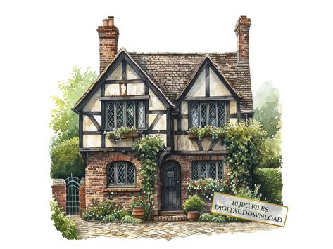 Introducing my Old British House Watercolor Clipart Bundle, the perfect addition to your fun and creative collection! At an affordable price, this bundle is a practical investment for anyone looking to add more fun and creativity to their projects and everyday life. Use this bundle collection of Old British House watercolor illustrations to create beautiful personal projects or unique gifts. The pack includes all the illustrations you can see at the listing images. Perfect for digital crafting and paper craft, be it for journaling, scrapbooking, wall art, coasters, mugs, invitations, greeting cards, planners or anything you can think of. May your creativity be your only limit! *The bundle includes a total of 10 individual watercolor illustrations, providing you with many, many creative pos Old British House Interior, Tudor Style Homes Exterior, Cute House Layout, Old German Houses, Old British House, Sims 4 Witch House, Windenburg House, Medium House, British Houses