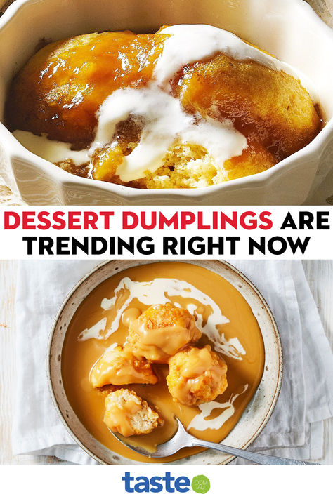 Desserts don’t get more comforting than sweet dumplings smothered with sugary sauce. Here are our favourite recipes, from classic golden syrup dumplings (serve with a drizzle of cream!) to giant versions to new lemon custard versions. It’s easy to see why dumplings remain one of winter’s most popular desserts, year after year. Caramel Dumplings, Dessert Dumplings Recipe, Sweet Dumplings Recipe, Golden Syrup Dumplings Recipe, Sweet Dumplings Desserts, Dumplings Recipes, Easy Winter Desserts, Golden Syrup Dumplings, Easy Dumplings Recipe