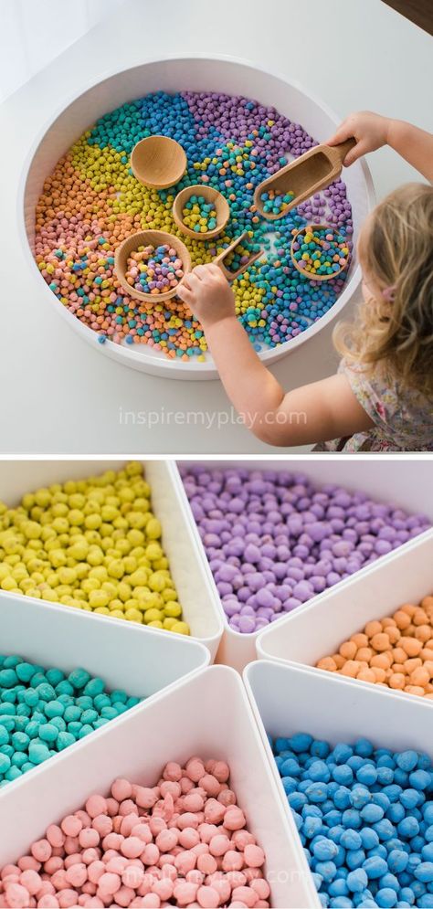 How to Colour Chickpeas for Play – Inspire My Play Inspire My Play, Spring Sensory Table, Diy Sensory Activities, Diy Sensory Play, Crafts For Babies, Diy Sensory Toys, Kids Sensory Activities, Sensory Play Toddlers, Toddler Sensory Bins