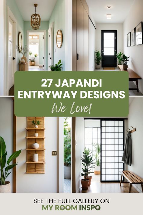 Stylish pin featuring 27 Japandi entryway designs. The images showcase minimalist decor, cozy seating options, and unique blends of Japanese and Scandinavian styles. Perfect for inspiring your next home project. Japanese Inspired Entryway, Scandinavian Foyer Design, Scandinavian Hallway Entryway, Japandi Entrance, Minimalist Entryway Ideas, Japanese Hallway, Scandinavian Foyer, Japandi Hallway, Small Hallway Furniture