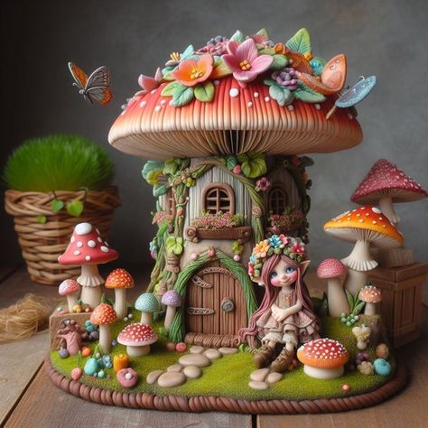 Mushroom Fairy House Clay, Mushrooms House, Elsa Crafts, Fountain Decor, Newspaper Crafts Diy, Carnival Birthday Party Theme, Clay Fairy, Beautiful Birdhouses, Clay Fairy House