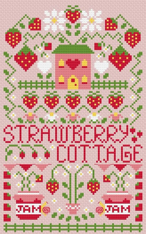 Flower Cross Stitch Bookmark, Strawberry Shortcake Cross Stitch, Whimsical Cross Stitch, Cross Stitch Aesthetic, Cherry Cross Stitch, Cute Cross Stitch Patterns, Strawberry Cross Stitch, Vintage Cross Stitch Patterns, Cottage Cross Stitch