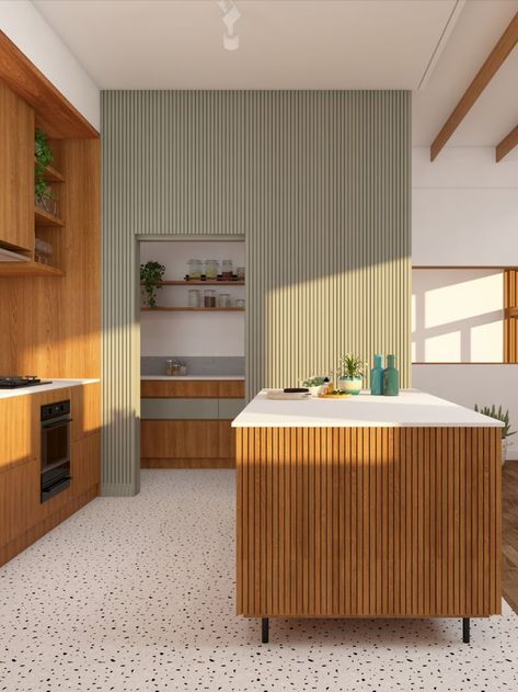 On Trend Kitchen Colours, Modernist Kitchen Design, Coffee Shop Style Kitchen, Japandi Kitchen Design 2023, Green Kitchen With Terrazzo, Terracotta Kitchen Cabinets, Danish Kitchen Design, Japandi Kitchen Design Green, Unusual Kitchens