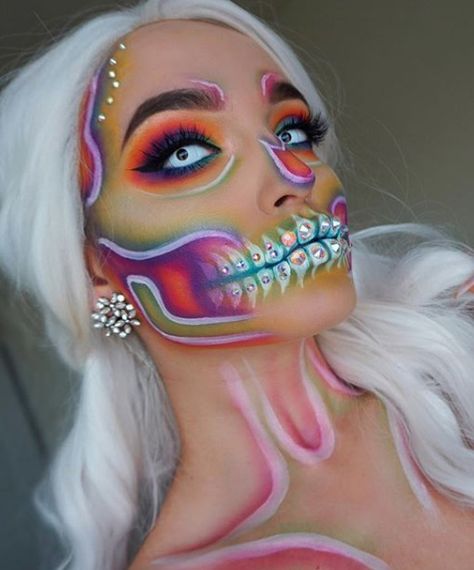 Skeleton Makeup Looks, Makijaż Sugar Skull, Glam Skull, Day Of The Dead Makeup, Halloween Makeup Sugar Skull, Halloweenský Makeup, Dead Makeup, Cute Halloween Makeup, Halloween Makeup Diy