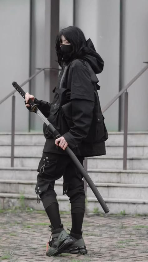 Ninja Pose Reference, Warcore Outfits Aesthetic, Techwear Outfits Aesthetic, High Tech Clothing, Cosplay Techwear Outerwear For Fall, Vigilante Outfit, Fitted Hooded Techwear Outerwear, Warcore Outfits, Industrial Fashion