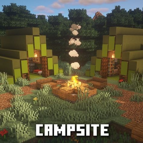 Camping Site Minecraft, Minecraft Camping Ideas, Campfire Minecraft Ideas, Minecraft Campfire Ideas, Minecraft Fire Pit, Minecraft Camp Fire Ideas, Campsite Minecraft, Camping Minecraft, Minecraft Campsite Ideas