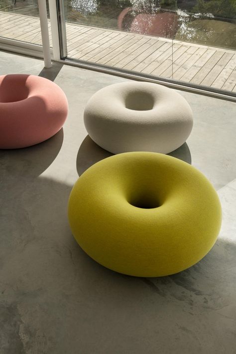 Sabine Marcelis donut pouf designs for Hem upholstered in pink, yellow and white Concrete Benches, Furniture Essentials, Sabine Marcelis, Promotion Marketing, Etsy Promotion, تصميم للمنزل العصري, Cosmetic Display, Donut Shape, Seo Optimization