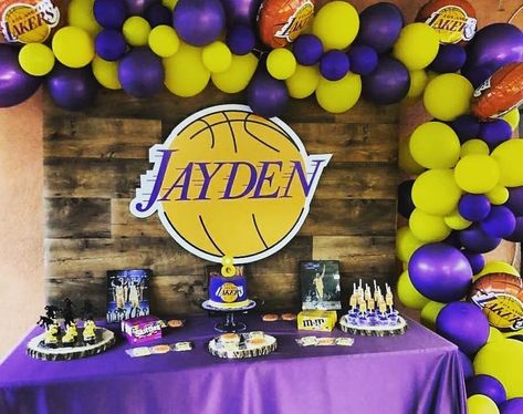 Lakers First Birthday Party, Lakers Theme Party, Laker Party Decorations, Laker Birthday Party Ideas, Kobe Bryant Themed Birthday Party, Lakers Party Ideas, Lakers Birthday Party Decoration, Kobe Bryant Birthday Theme, Lakers Birthday Party Ideas