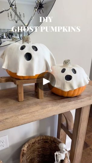 12K views · 11K reactions | DIY Ghost pumpkins

Cute DIY! I feel in love with much more expensive ones and thought I could make my own. 

Comment SHOP for links
You’ll need air dry clay(about 3.5-4.0 lbs). 
Plastic pumpkins. 
Black acrylic paint
Round object to hep you cut the perfect circle 
Flour:easier removal from surface. 
Water
Rolling pin 
Pizza cutter/clay blade

Directions: sprinkle flour on your surface . This will help removal of clay. Lay out your clay and flatten it using a rolling pin. 

For reference: pumpkin size used-6” 
Plate: 13” round and 11” round(i preferred the larger one). 

Cut clay using plate to trace. 
Slowly remove clay and place it on top of pumpkin. Use a little bit of water to fix any imperfections. Damp finger and make eyes and mouth(this is optional but I Diy Ghost, Ghost Diy, Plastic Pumpkins, Scary Decorations, Perfect Circle, Clay Crafts Air Dry, Christmas Clay, Black Acrylic Paint, Surface Water