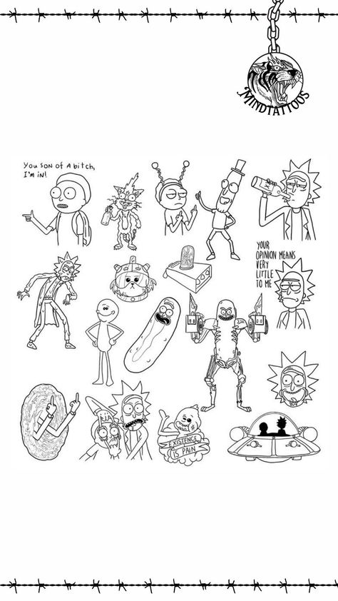 Tattoo Ideas Rick And Morty, Rick Tattoo Ideas, Rick And Morty Portal Tattoo, Rich And Morty Tattoo, Cartoon Network Flash Tattoo, Small Rick And Morty Tattoos, Cartoon Patchwork Tattoo, Tattoo Cartoon Characters, Rick And Morty Tattoo Stencil