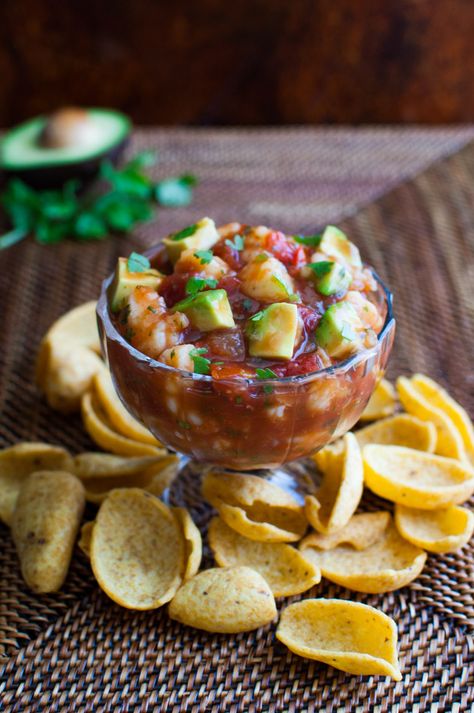 A Mexican seafood cocktail with shrimp, zesty cocktail sauce, cilantro, onions, and tomatoes from tamingofthespoon.com Campechana Recipe, Salsa And Chips, Seafood Dip, Cheese Bars, Mexican Seafood, Onions And Tomatoes, Seafood Cocktail, Cuban Food, Raspberry Cream