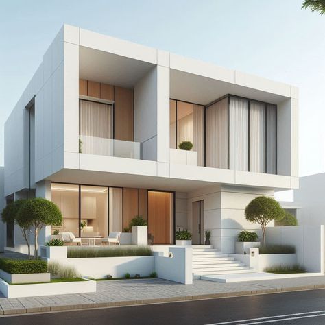 Modern White Home All White Exterior, Modern White Home, White Home Exterior, Architecture White, White Modern House, Black Window Frames, White Exterior Houses, Home Exterior Ideas, House Facade