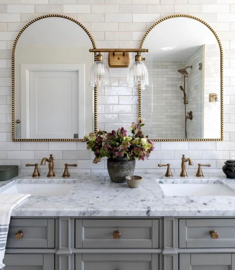 13 Double Bathroom Vanity Design Ideas Bathroom Vanity Mirrors Double Sink, Master Bath Vanity Ideas Double Sinks, Arch Mirrors, Master Bath Mirror, Addition Project, Tranquil Bathroom, Second Story Addition, Luxury Bathroom Design, Modern Luxury Bathroom