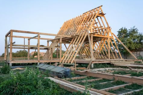 The Wooden Structure of the Building. Wooden Frame House Construction. Stock Image - Image of frame, interior: 125106929 Wooden Rafters, Home Under Construction, Roof Renovation, New House Construction, A Frame Cabin Plans, Triangle House, House Under Construction, Framing Construction, Building A Cabin