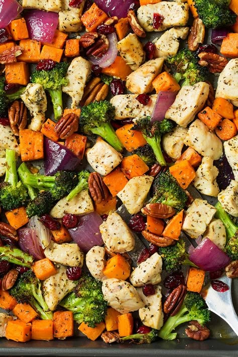 Chicken Broccoli and Sweet Potato Sheet Pan Dinner - Cooking Classy Sheet Pan Chicken Broccoli, Sheet Pan Chicken Recipes, Dinner Broccoli, Easy Sheet Pan Chicken, Sweet Potato Dinner, Chicken With Broccoli, Sheet Pan Meals Chicken, Pan Chicken Recipes, Sheet Pan Dinners Chicken