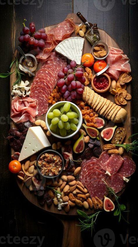 Bird's-eye view of gourmet charcuterie board with meats cheeses fruits and nuts AI Generative Gourmet Cheese Board, Charcuterie Meat Board, Nuts Charcuterie Board, Charcuterie Meats, Charcuterie Board Meats, Cold Cut, Cake Apple, Baguette Bread, Gourmet Cheese