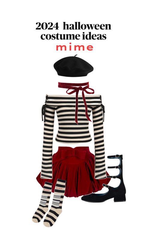 Halloween Costumes Mime, At Home Clown Costume, Mime Costume Aesthetic, Mime Halloween Costume Women, Circus Halloween Costumes Women, Swag Halloween Costumes, Cute Mime Costume, Jester Costume Female Diy, Red And White Halloween Costume