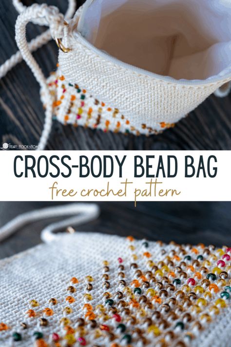 Cross Body Bead Bag: Free Crochet Pattern - Heart Hook Home Crochet Purse With Beads, Beaded Crochet Jewelry, Crochet Bags With Beads, Crochet Beaded Jewelry Patterns Free, Bead Crochet Bag, Crochet Patterns With Beads, Crochet Body Bag, Crochet Beaded Bag, How To Crochet With Beads