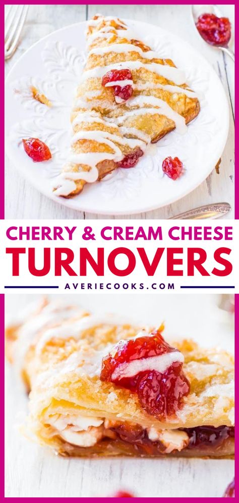 Glazed Puff Pastry Cherry Turnovers - Averie Cooks Cream Cheese Turnovers, Cherry Hand Pies Recipes, Cheese Turnovers, Cherry Turnovers, Blondie Dessert, Cream Cheese Puff Pastry, Poptart Recipe, Vanilla Cream Cheese, Turnover Recipes