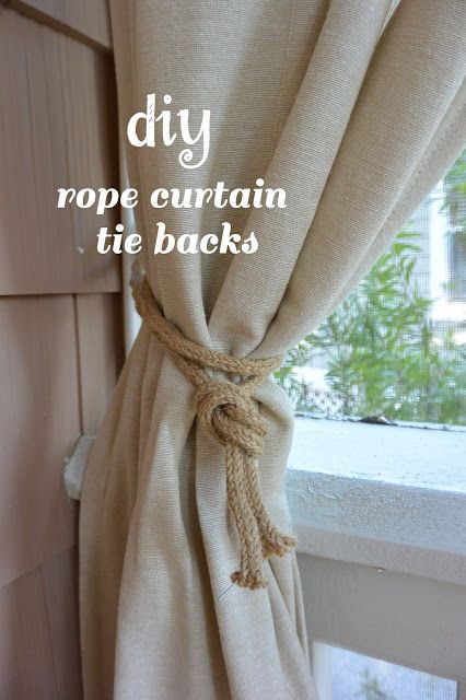 Curtain Tie Back Ideas, Diy Curtain Tie Backs, Window Balances, Curtain Tie Backs Diy, Rope Curtain Tie Back, Rope Tie Backs, Rope Curtain, Diy Curtain, Porch Curtains