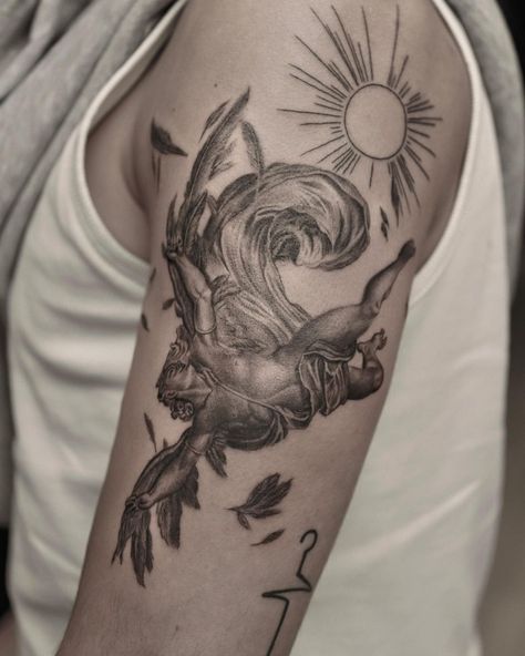 Patchwork Tattoo Ideas Greek Mythology, Fall Of Icarus Tattoo, The Fall Of Icarus, Icarus Tattoo, Shoulder Tats, Statue Tattoo, London Tattoo, Next Tattoo, Sun Tattoo