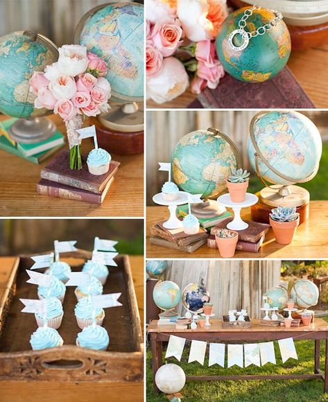 Home decor, "Love makes the world go round" party, travel theme. etc. Pink Flower Centerpieces, Lila Party, Travel Theme Bridal Shower, Travel Bridal Showers, Lisa Leonard Designs, Travel Baby Showers, Travel Party Theme, Travel Theme Wedding, World Party