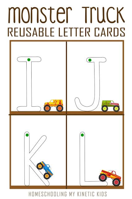 Printable and reusable letter tracing cards with monster trucks on them. Perfect for kids who love loud noises and dirt. Monster Truck Activities, Preschool History, Monster Truck Kids, Truck Lettering, Art Activities For Toddlers, Letter Tracing Worksheets, Letter Tracing, Alphabet Crafts, Group Ideas