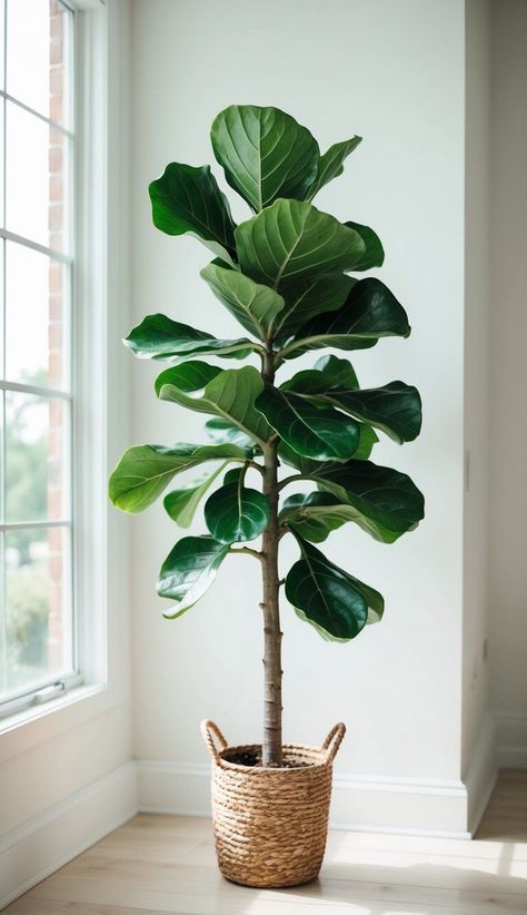 A fiddle leaf fig stands tall in a bright, airy room with plenty of natural light. Its glossy, vibrant leaves are free from blemishes and drooping, showcasing its healthy and thriving appearance Fiddle Leaf Fig Tree Indoor, Fig Plant Indoor, Fiddle Leaf Tree, Indoor Oasis, Fig Plant, Airy Room, Fiddle Leaf Fig Tree, Youth Room, Fig Leaves